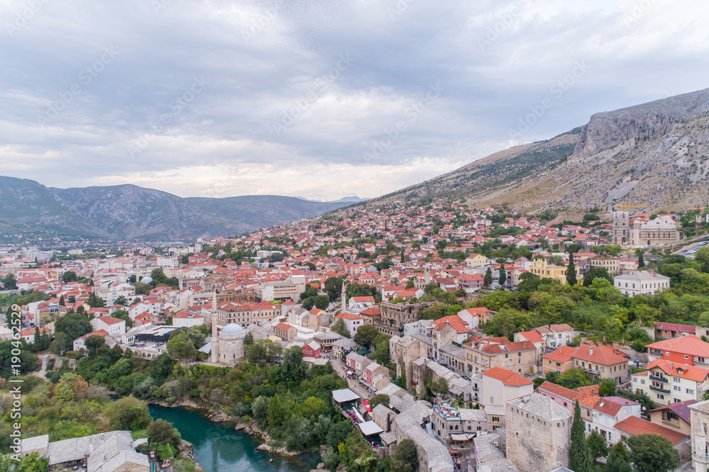 Aerial view on the city Mostar and Old Bridge. Bosnia and Hercegovina.