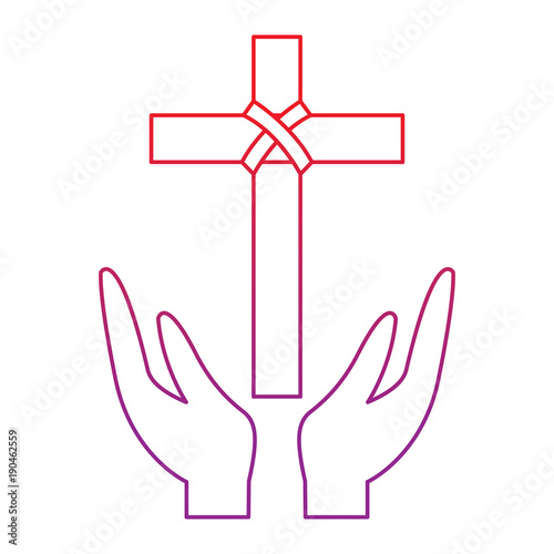 cross and hands christian catholic paraphernalia  icon image vector illustration design  red to purple line