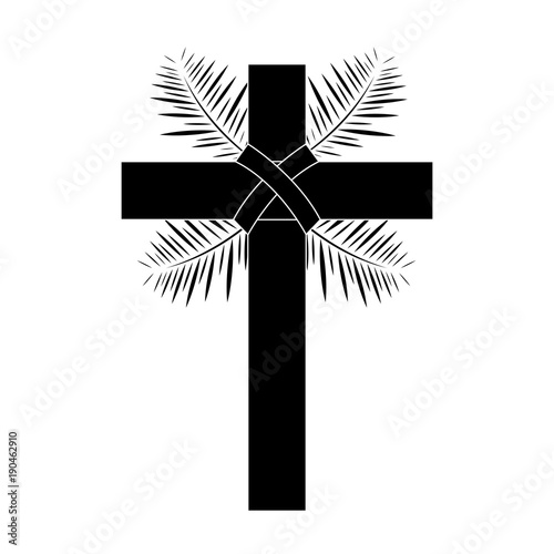 cross with leaves christian catholic paraphernalia  icon image vector illustration design  black and white