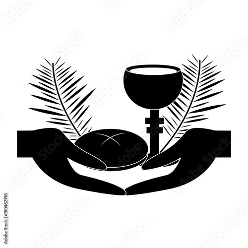hands with chalice bread christian catholic paraphernalia  icon image vector illustration design  black and white