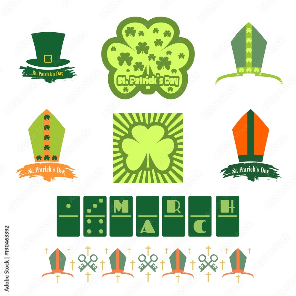 Fototapeta premium St. Patricks Day greeting card design elements set. Bishop hat and shamrock. Vector illustration.