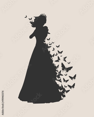 Sexy woman silhouette in evening dress. Medieval queen or princess monochrome silhouette with butterflies