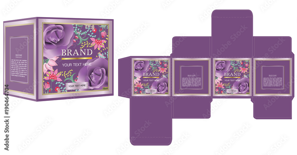 Obraz premium Packaging design for cosmetic or perfume product, luxury flowers box design template and mockup box. illustration vector.