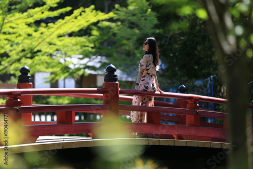 a young woman standing on a traditional red Japanese style bridge