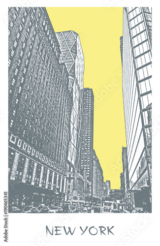 New York City. A street in Manhattan district, cityscape with skyscrapers. Vector illustration in engraving style.