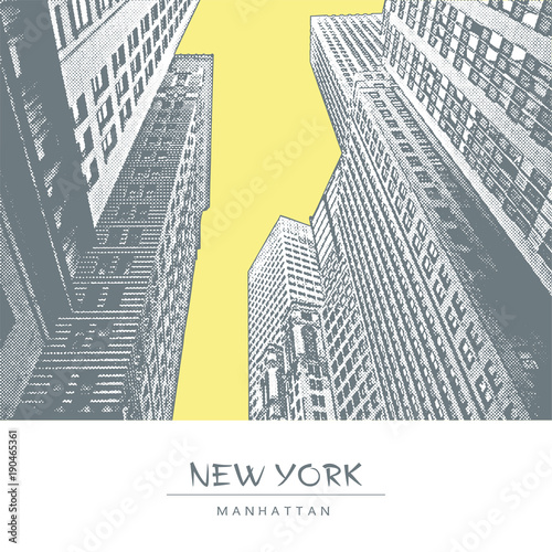 New York City. A street in Manhattan. Vector illustration of cityscape with skyscrapers. Editable monochrome drawing in engraving style.