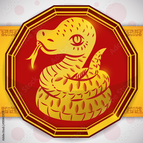 Button with a Golden Snake for Chinese Zodiac, Vector Illustration