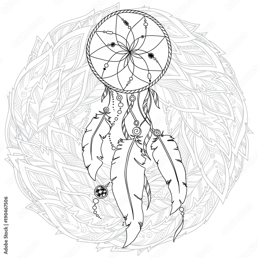 Hand drawn monochrome Dreamcatcher isolated on white background. Hand drawn monochrome Dreamcatcher isolated on white background.