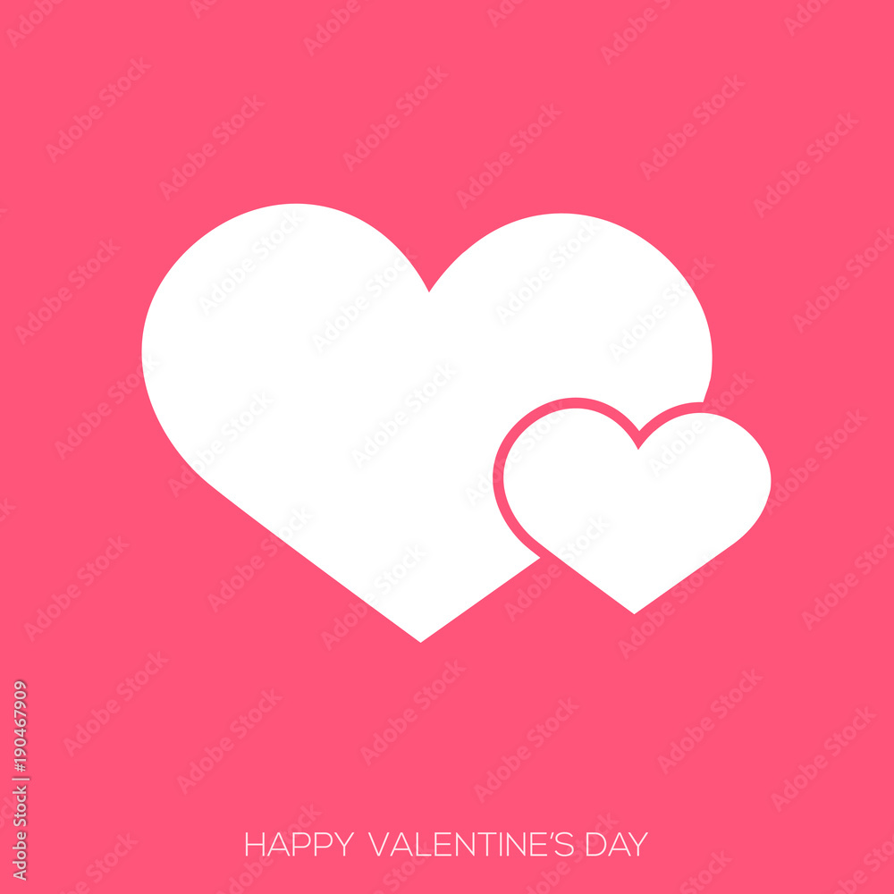 Valentine's day greeting card with two white hearts on pink background. Vector