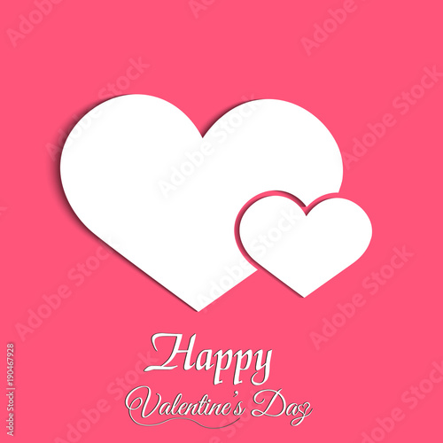 Valentine's day greeting card with two white hearts on pink background. Vector