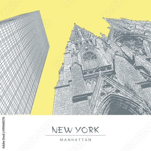 New York. The Cathedral of St. Patrick and a skyscraper in Manhattan. Vector illustration in engraving style.