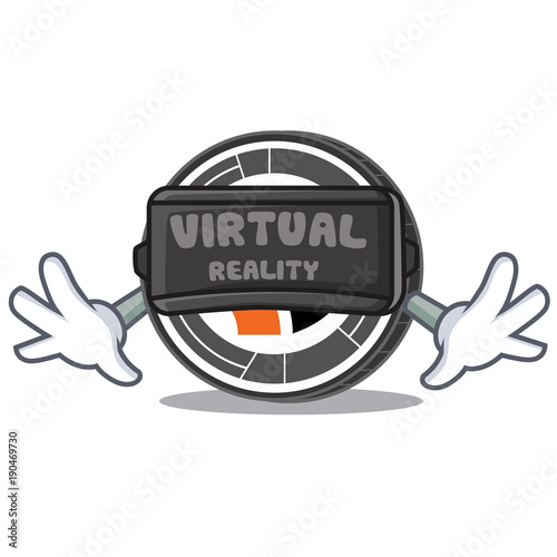 With virtual reality Bitcoin Dark mascot cartoon