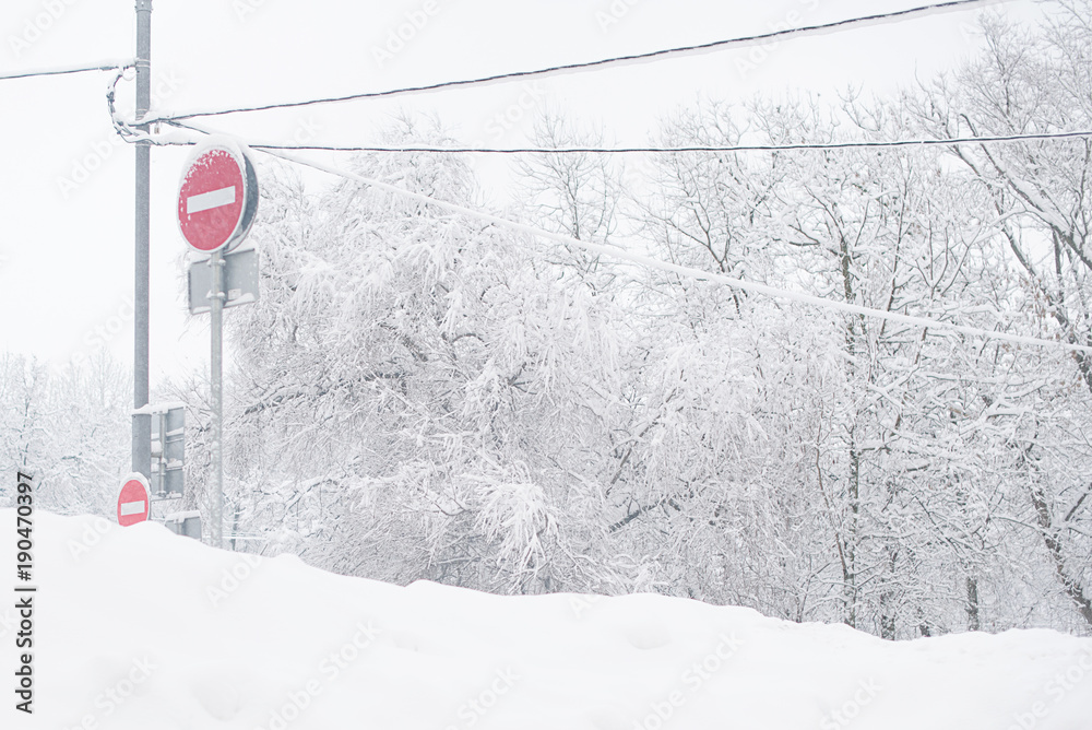 traffic sign in winter snowy day traffic sign in winter snowy day