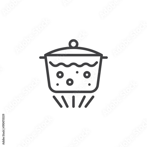 Boiling water in pan line icon, outline vector sign, linear style pictogram isolated on white. Saucepan with lid and boiling water on gas burner symbol, logo illustration. Editable stroke