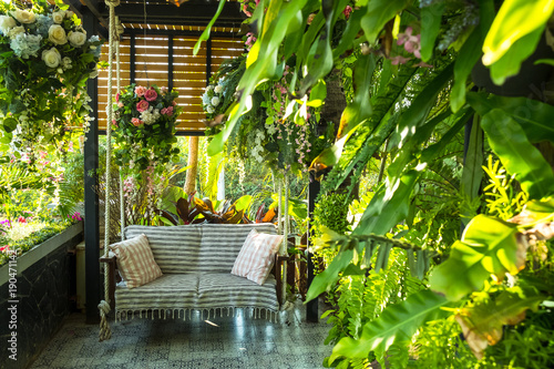 Swing in the garden, sitting corner on the holiday.