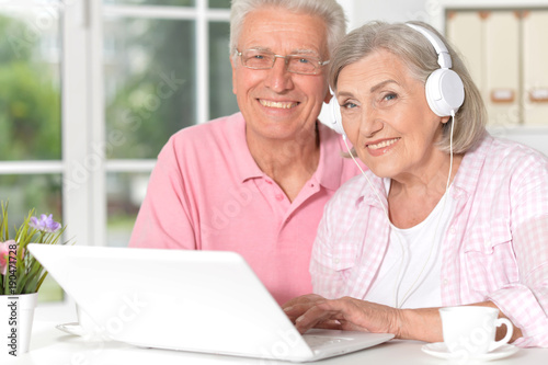 happy beautiful senior couple using laptop