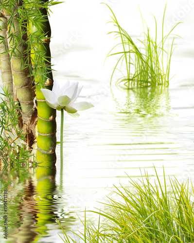 Fototapeta Naklejka Na Ścianę i Meble -  bambou à noeud, lotus blanc et herbes aquatiques 