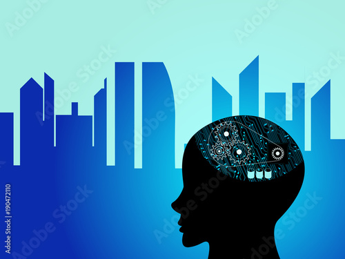 vector machine learning with human head gear and cityscape