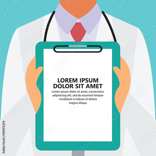Clipboard in hand doctor.  Medical report, medical  Vector background.