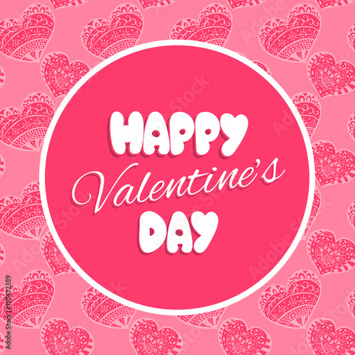 Valentine day card template vector. Pink love background with heart patterns. Holiday print for banner, greeting gift, party flyer and invitation.