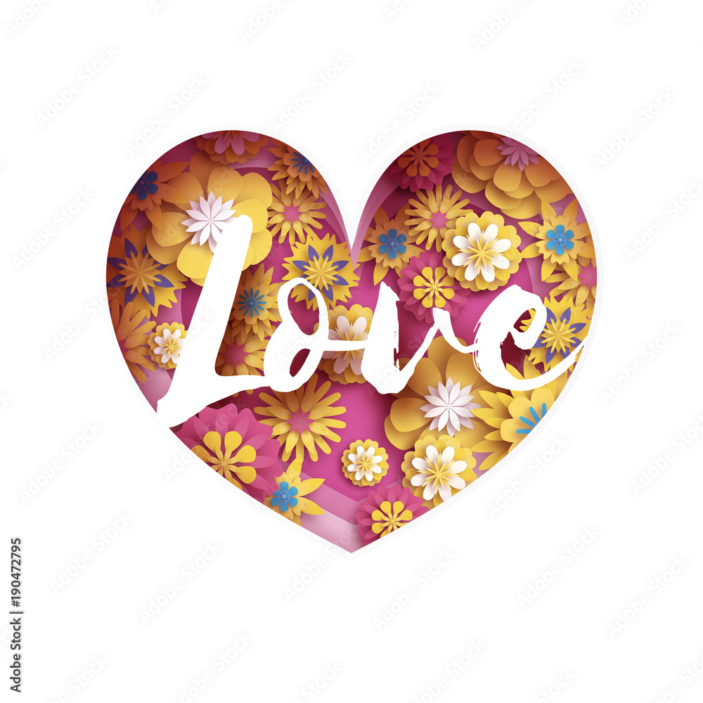 Fototapeta premium Pink Yellow Love text in paper cut layered heart. Origami Happy Valentines day Greetings card. Romantic Holidays on blue sky. 14 February. Flowers. Spring blossom. Modern decoration.