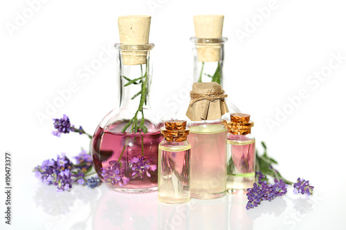 Lavender oil. Lavender tincture. Lavender natural extract.  sprigs of lavender  on a white background. Botanical cosmetic