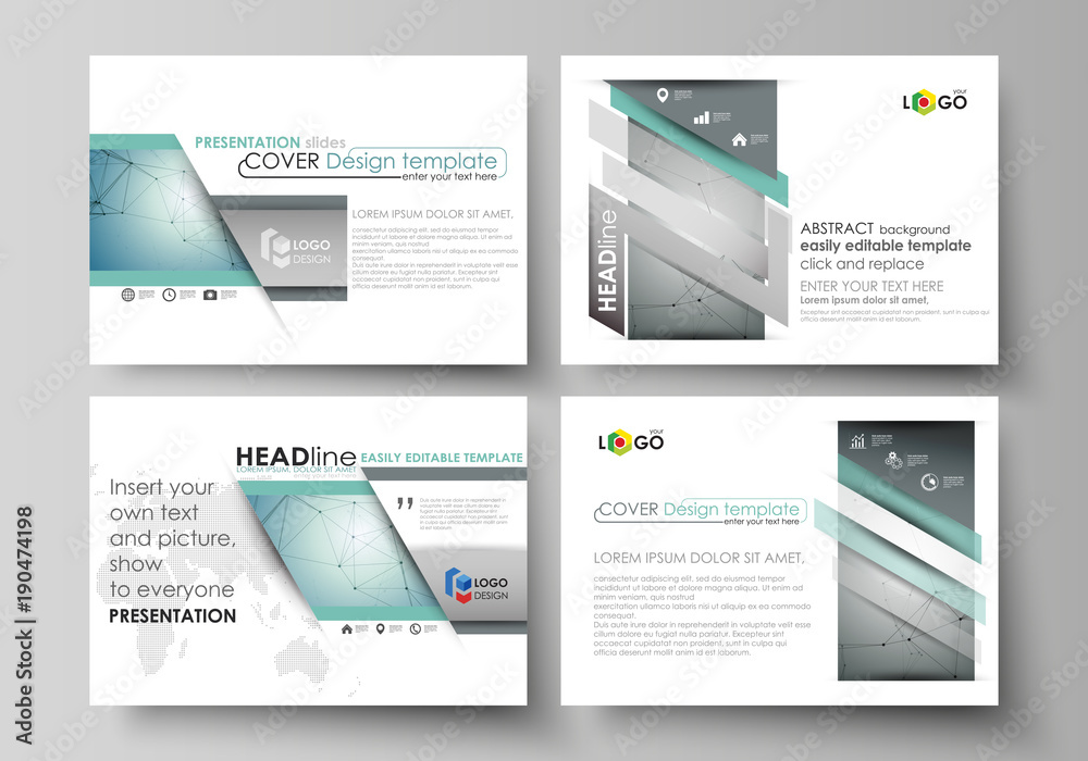 Set of business templates for presentation slides. Abstract vector layouts in flat design. Geometric background, connected line and dots. Molecular structure. Scientific, medical, technology concept.