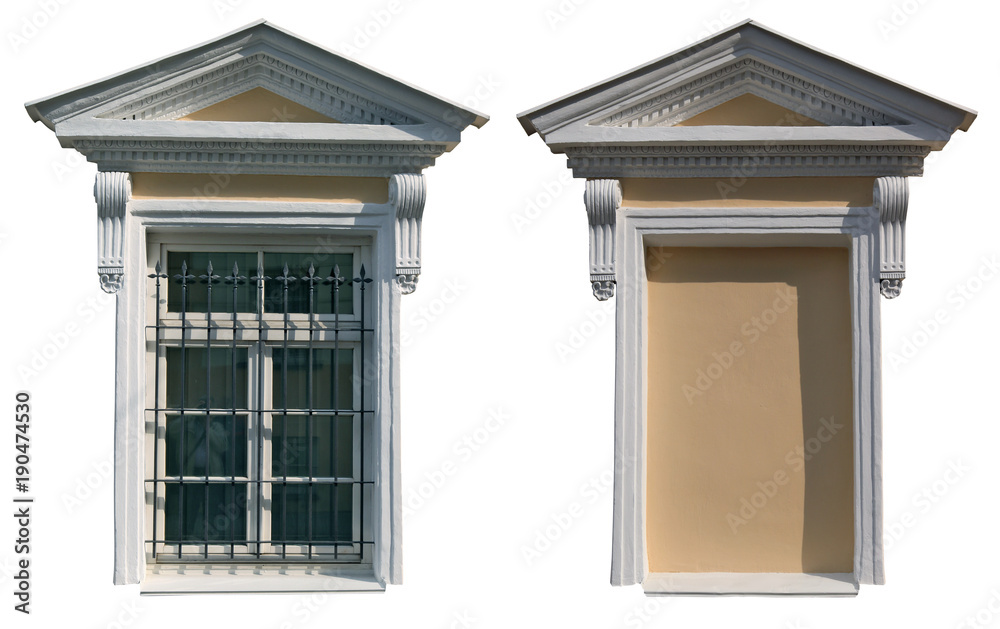 Two windows in vintage style with stucco plaster decorations