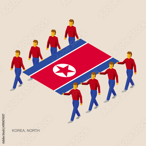 Eight people hold big flag of North Korea