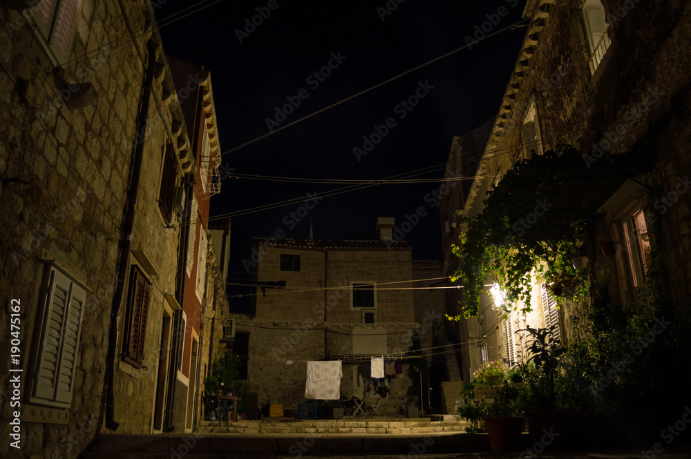 Picturesque Lit Plaza with Laundry in Dubrovnik, Croatia Picturesque Lit Plaza with Laundry in Dubrovnik, Croatia