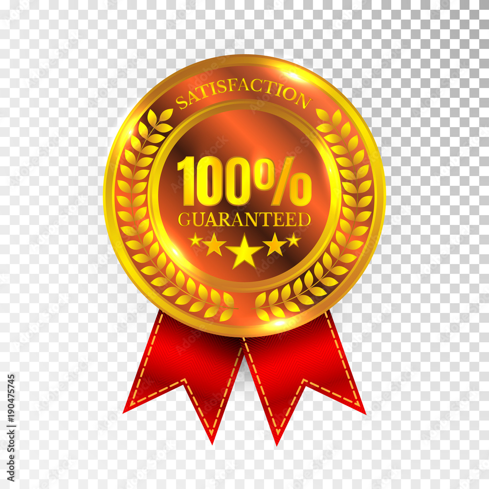100 percent Satisfaction Guaranteed Golden Medal Label Icon Seal Sign Isolated on White Background. Vector 100 percent Satisfaction Guaranteed Golden Medal Label Icon Seal Sign Isolated on White Background. Vector