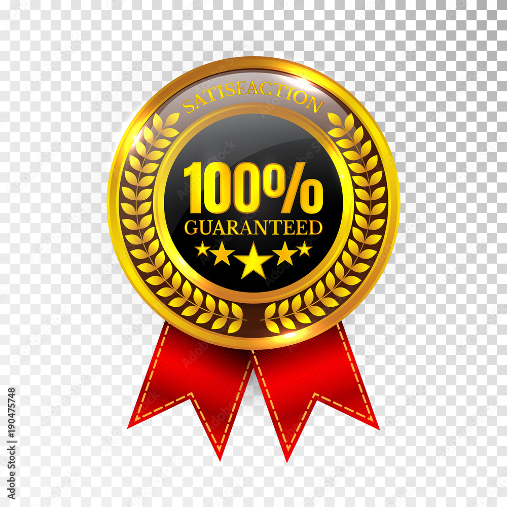 100 percent Satisfaction Guaranteed Golden Medal Label Icon Seal Sign Isolated on White Background. Vector 100 percent Satisfaction Guaranteed Golden Medal Label Icon Seal Sign Isolated on White Background. Vector