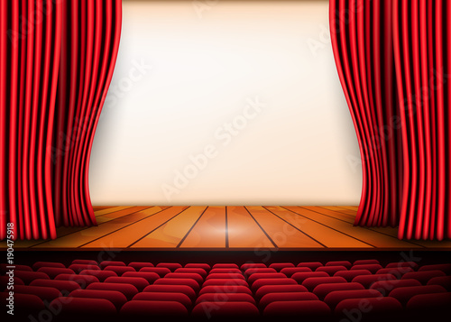 Theatrical scene with red curtains and wooden floor. Stock vector illustration