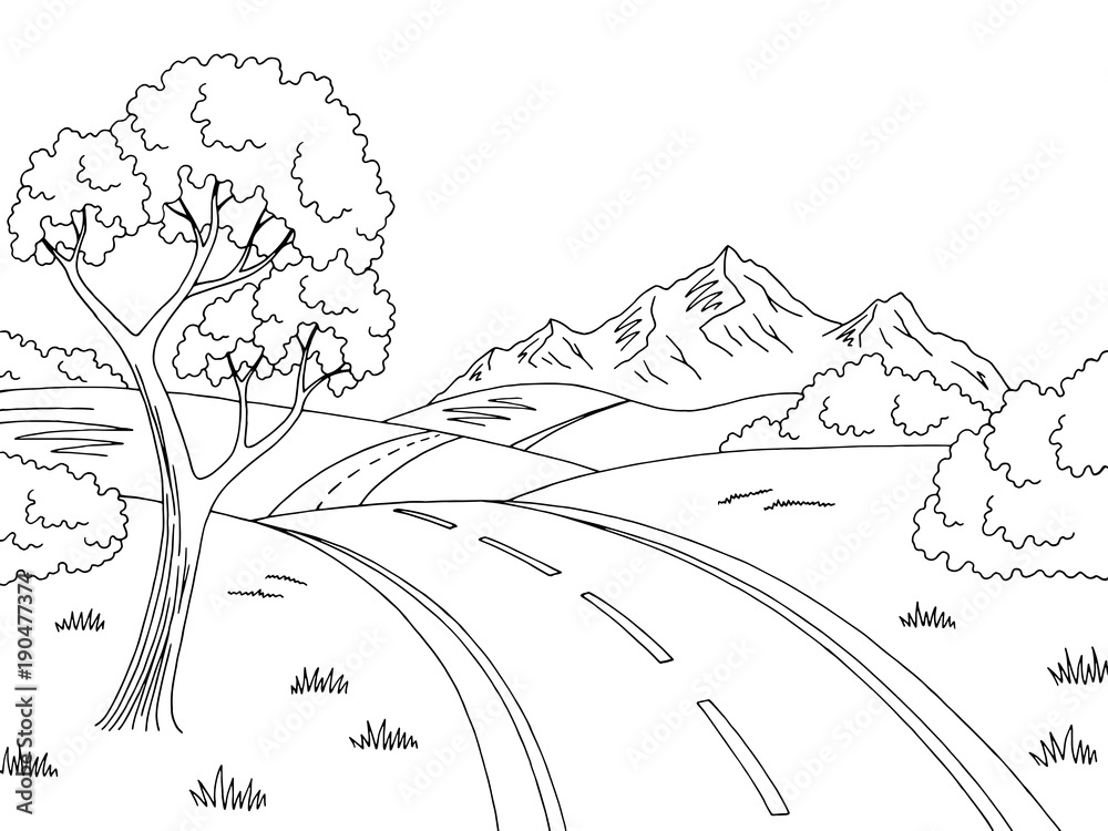 Mountain road graphic black white landscape sketch illustration vector ...