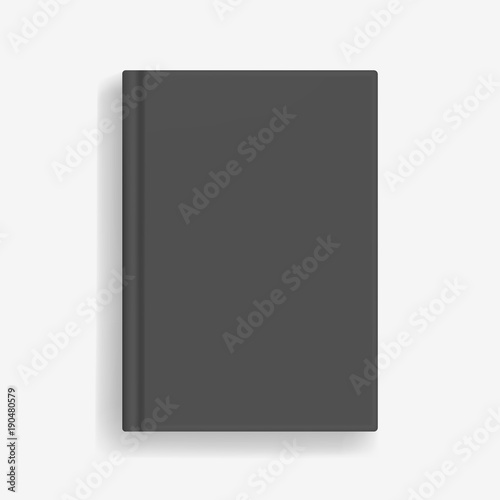 Rectangular vector blank black realistic book mockup, closed organizer or notebook cover template with sheet of A4. Front view of elegant notepad or photobook with binding mock up for catalog, menu