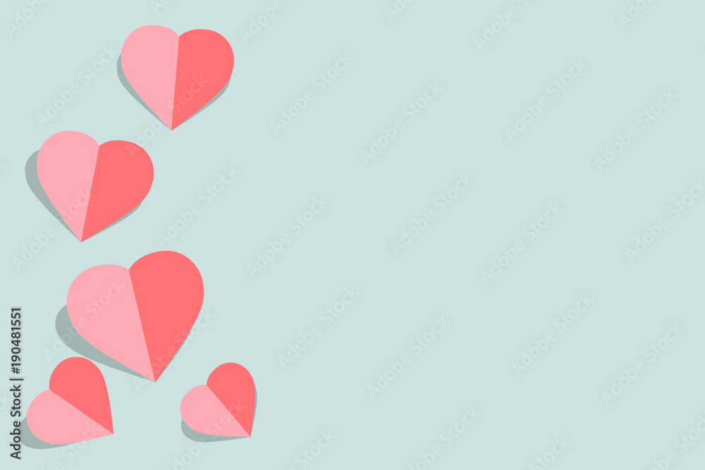 vector illustration with pink paper hearts Valentines day card on pastel blue background with copy space for greeting card or wedding card