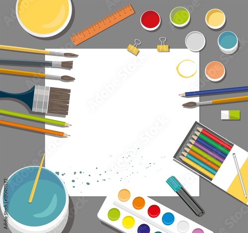Hobby. Art accessories on the paper. 