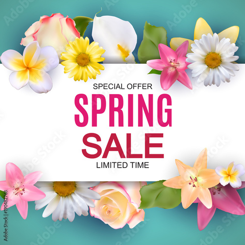 Spring Sale Cute Background with Colorful Flower Elements. Vector Illustration