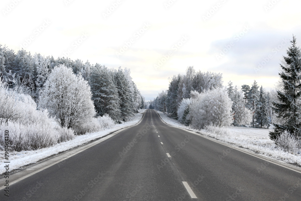 Empty Winter Highway with Hoarfrost Empty Winter Highway with Hoarfrost