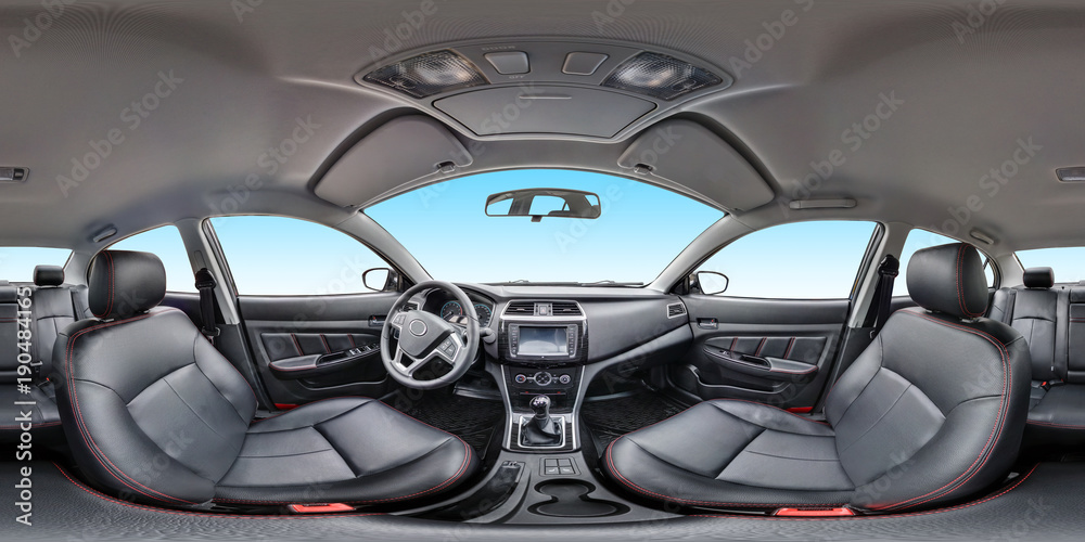 360 angle panorama view in interior salon of prestige modern car. Full 360 by 180 degrees seamless equirectangular equidistant spherical panorama. vr ar content