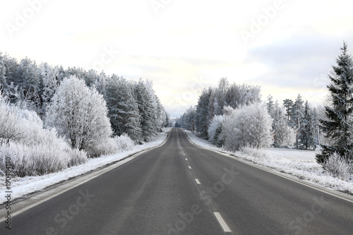 Empty Winter Highway with Hoarfrost
