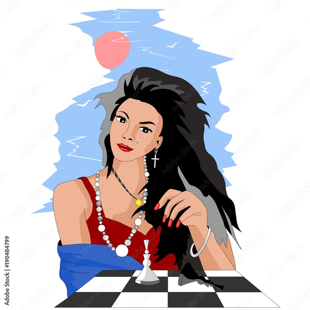 Attractive girl playing chess in the yard, she looks at him Attractive girl playing chess in the yard, she looks at him