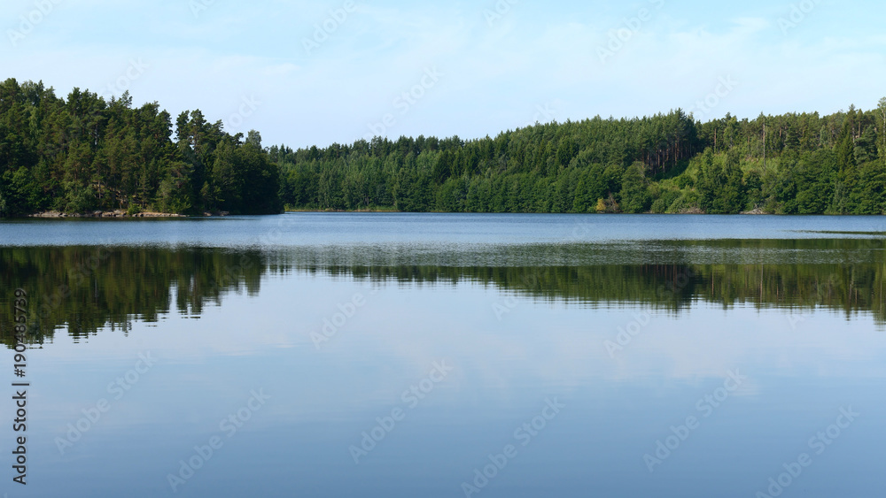 Mirror reflection of forest in still water. Aland Islands, Finland
