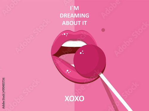 Vector illustration of pink lips and lollipop
