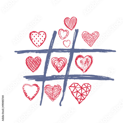 Tic tac toe game, valentines day love background. Hand drawn cross-zero with doodle heart, arrows and lips, color vector illustration. Romantic happy holiday design