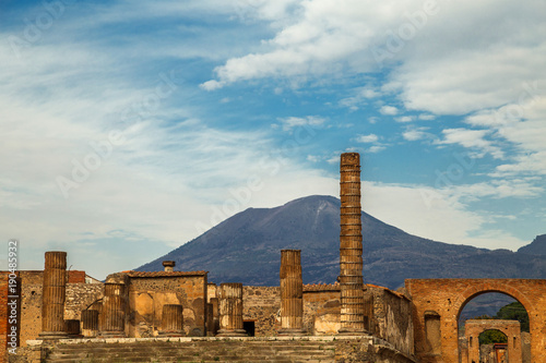 The ruins of ancient city Pompeii and Mount Vesuvius, a famous volcano located on the Gulf of Naples in Campania, Italy,