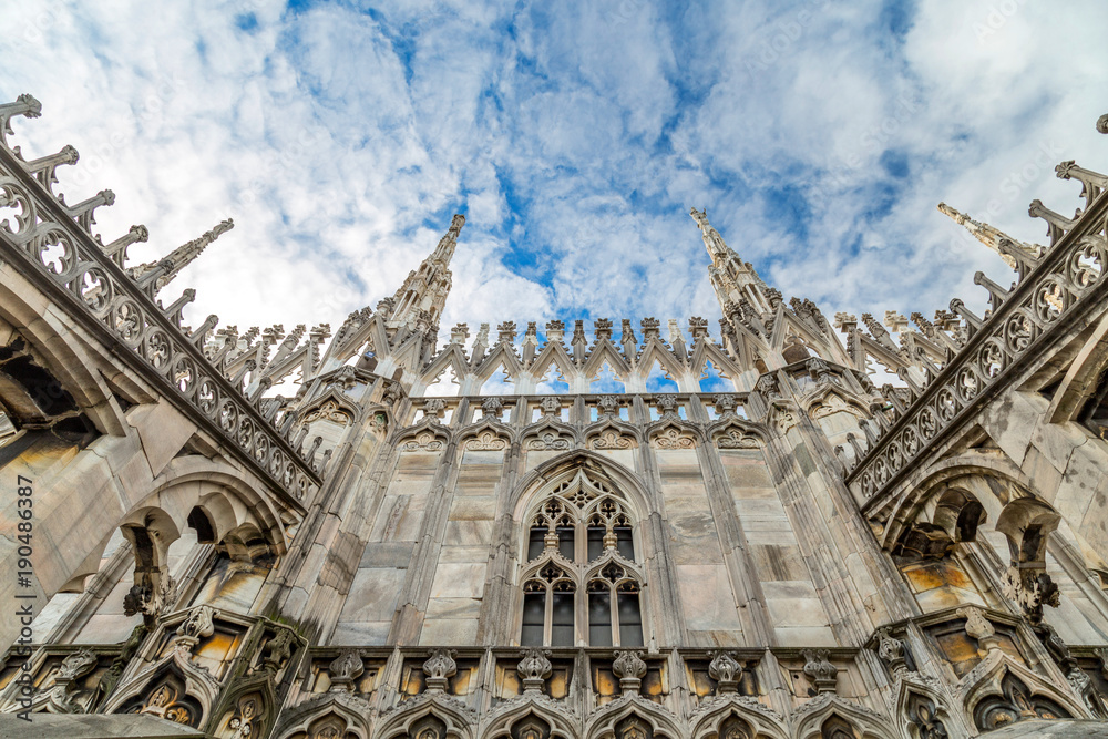 Architectural elements of the Duomo, the main cathedral of Milan.
