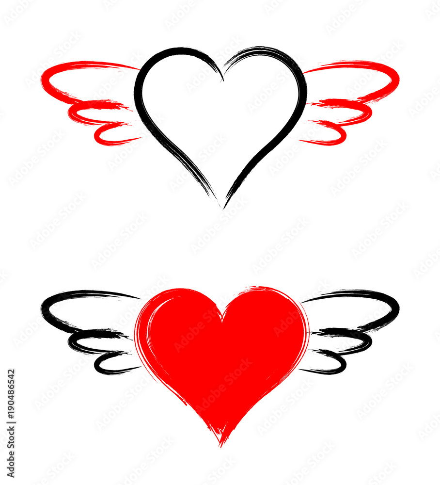 Vector  heart shape with wings isolated on white background