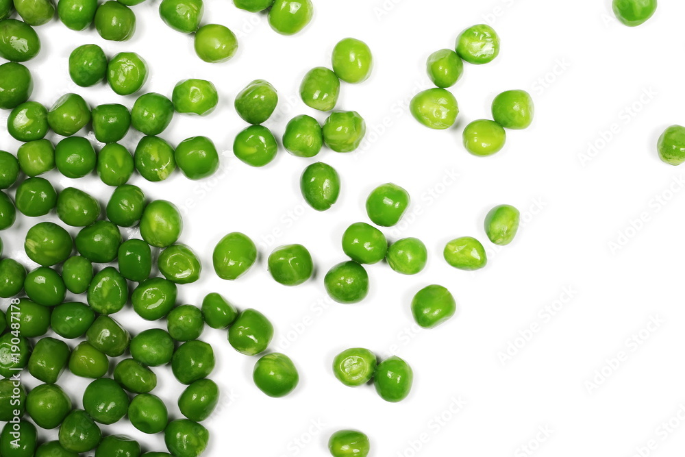 Fresh wet and raw green peas, vegetable isolated on white background, top view