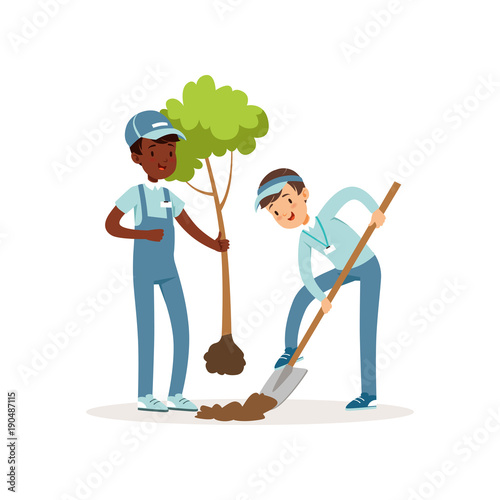 Kids planting tree. Boys in overalls and caps. One kid holding seedling in his hand, other digging pit with shovel. Gardening concept. Cartoon volunteers. Flat vector